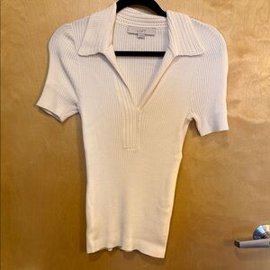 LOFT Cream Ribbed Polo V-Neck Short Sleeve Knit Top Medium